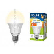Лампа светодиодная Volpe LED-A60-8W/WW/E27/FR/S Форма A, матовая колба. Материал корпуса термопластик. Цвет свечения теплый белый. Серия Simple