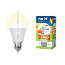 Лампа светодиодная Volpe LED-A60-8W/WW/E27/FR/O Форма A, матовая колба. Материал корпуса пластик. Цвет свечения теплый белый. Серия Optima